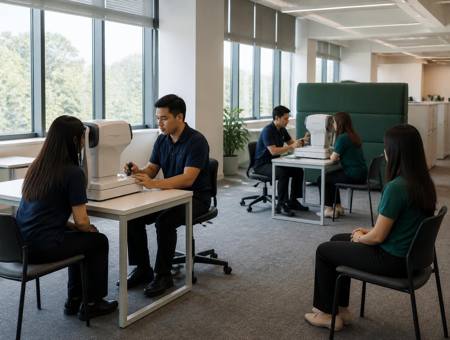 Jornada de atención visual organizada dentro de las oficinas de una empresa, con estaciones de evaluación en terreno
